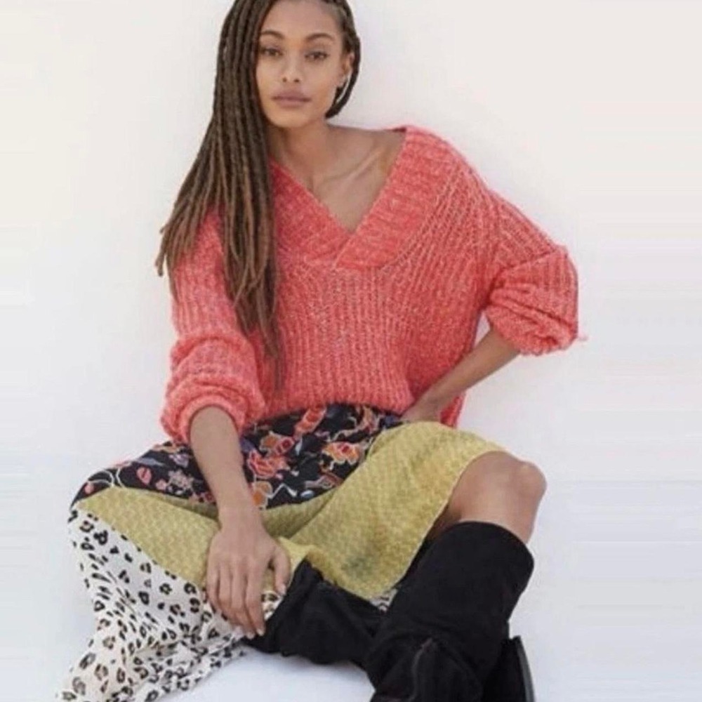 Anthropologie sweater Honore M orange Wool chunky ribbed coral Preppy Old Money